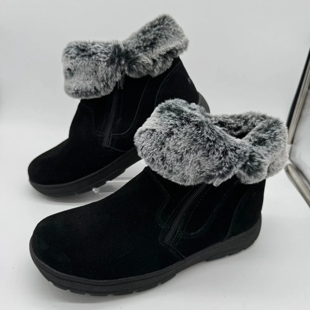 Khombu Jessica Black Suede Leather Faux Fur Lined Winter Ankle Snow Boots 9M